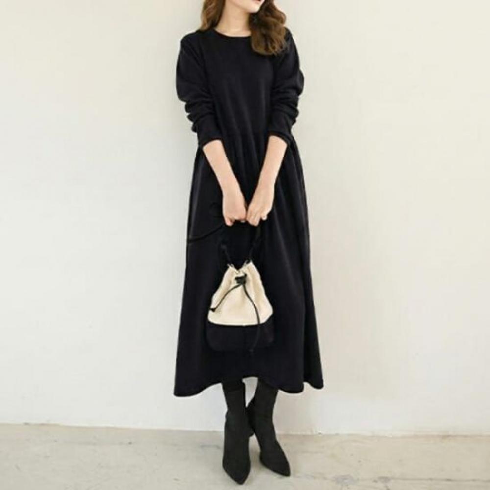 Navava Women Casual Solid Shirring Round Neck Long Dress No963