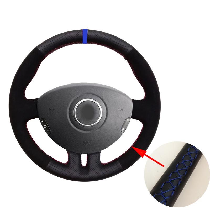 WCaRFun Black Leather Suede Red Marker Car Steering Wheel Cover for Renault Clio 3 2005-2013 Clio Dynamics 2008 Clio Mk 3
