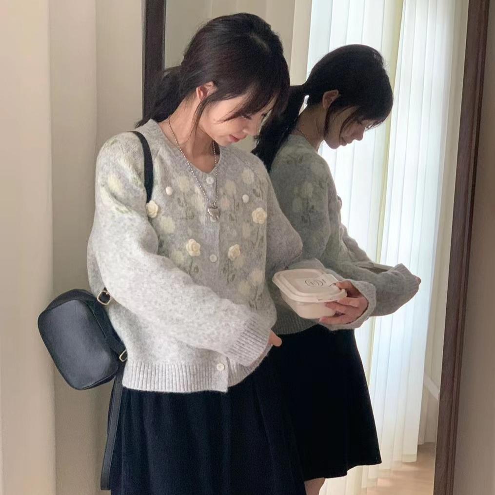 DIMANAF 2025 Flower Sweaters Cardigan Embroidered Flowers Autumn Women Print O-Neck Sweaters Knitting Loose Pink Sweater