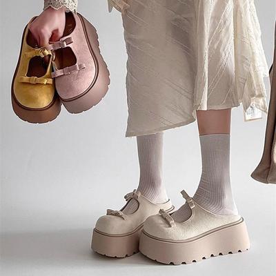 French Retro Platform Mary Jane Shoes Round Head Women's 2025 Spring and Summer New Height-increasing Bows Are Versatile and Breathable