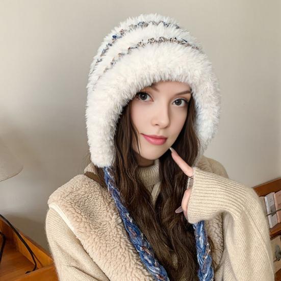 Women Hat Patchwork Color Elastic Design Knitted Winter Hat Ear Protection Thickened Warm Windproof Hat Outdoor Activities Accessory