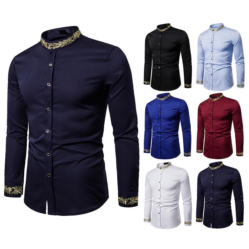 Herren Europäische Größe Besticktes Langarmhemd mit Henley-Kragen