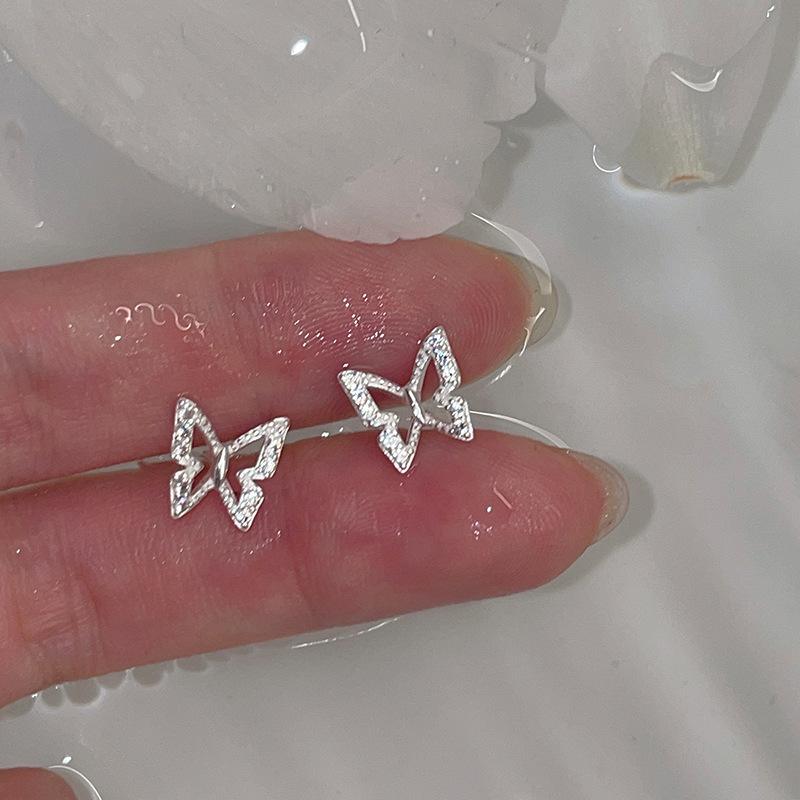 Silver Plated Ear Hypoallergenic Romantic Zircon Flower Butterfly Stud Earrings Piercing for Women Teen Jewelry Accessories