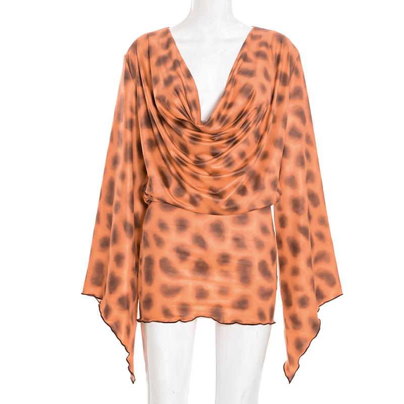 

J25DS392 Женское мини-платье оранжевого цвета с леопардовым принтом, с V-образным вырезом и длинными рукавами Medium оранжевый