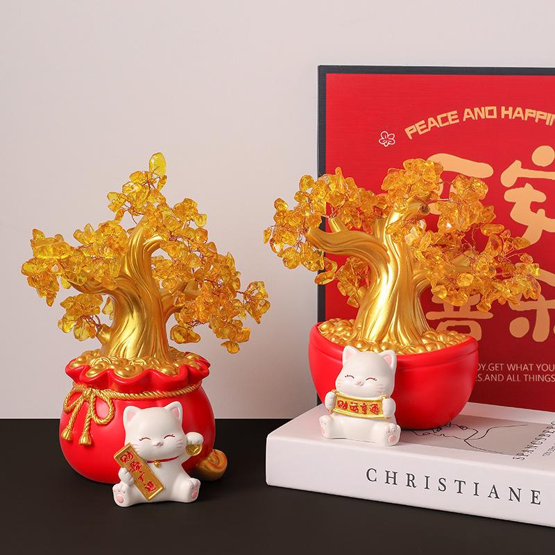 Facai Tree Zhaocao Resin Ornaments Opening TV Cat Living Room House Moving New House Living Room Nice Tabletop Decoration Gift Idea