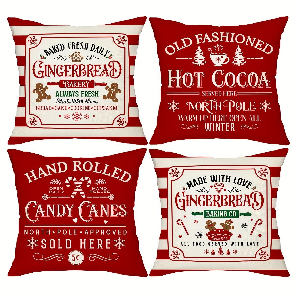 4-Pack Festive Christmas Throw Pillow Covers 18x18 Inch, Vibrant Gingerbread Bakery Candy Cane Designs, Farmhouse Winter Holiday 4PCS