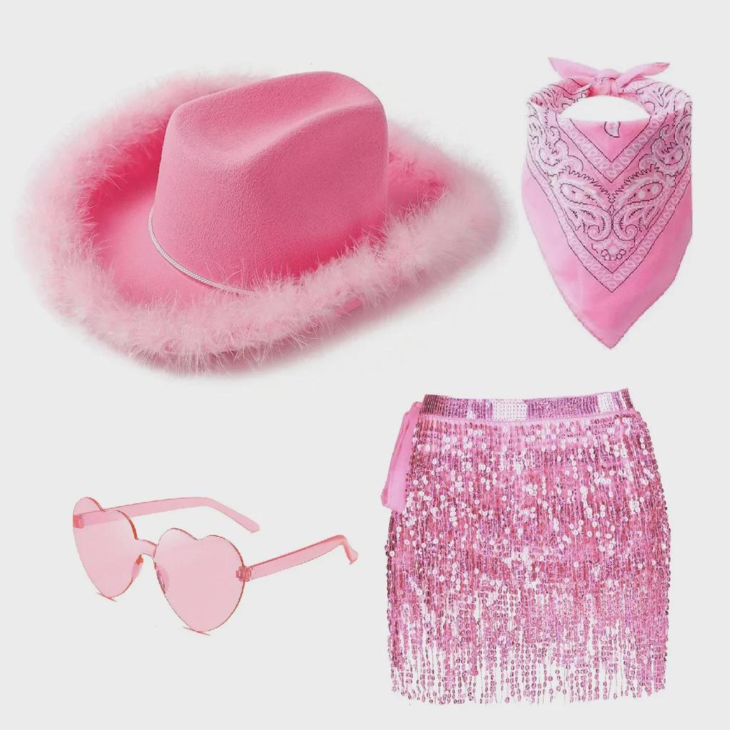 Grenzüberschreitender pinker Western-Cowboyhut, Sonnenbrille, quadratisches Tuch, Pailletten-Tanzrock, Party- & Hochzeits-Halloween-Kleid