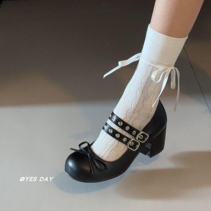 Mary Jane shoes women's campus thick heel versatile ballet bow punk sense heightening wind shoes women's spring ballet design
