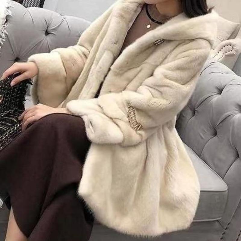 Winter new velvet imitation mink coat women's age-reducing hooded imitation fur coat women's medium and long trendy