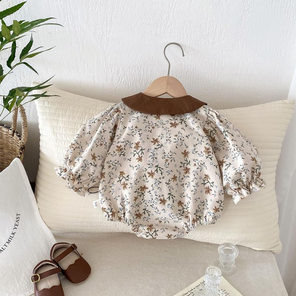 Baby Clothes Bodysuit Long Sleeve Girls Coverall Lace Newborn Baby Preparing for Birth Gift Monthly Photo Collar Floral Pattern Brown 6M [Baby koi]