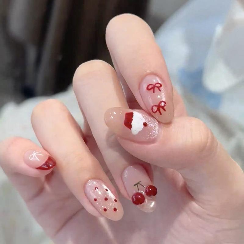 

24PCS Sweet Pink Plaid French Press on Nails Red Bow Heart Simple Polka Dots Almond Fake Nails for Girls Women Valentine s Nails