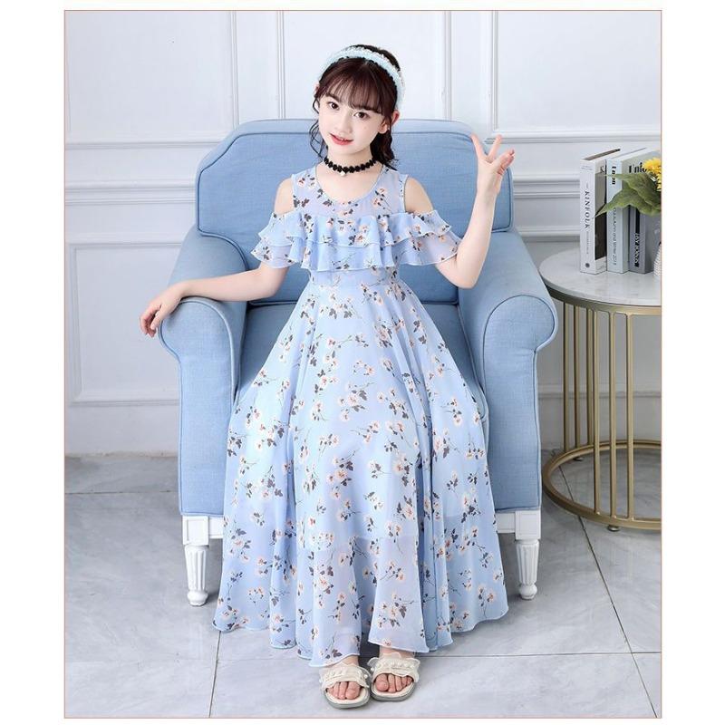 Kleines Mädchen Blumen Chiffon Prinzessin Langes Kleid Kinder Sommer Freizeitkleid