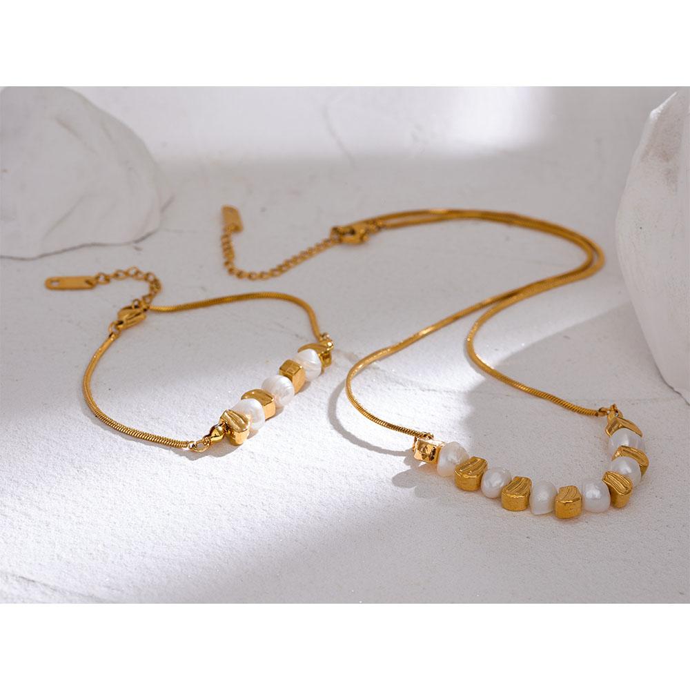 Yhpup Natural Freshwater Pearl Stainless Steel Beads Chain Necklace Bracelet Bangle Gold Color Vintage Handmade Jewelry Women