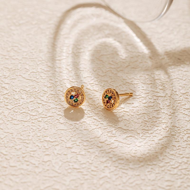 Copper Plated 18k Gold Colored Zircon Small Delicate Round Geometric Stud Earrings