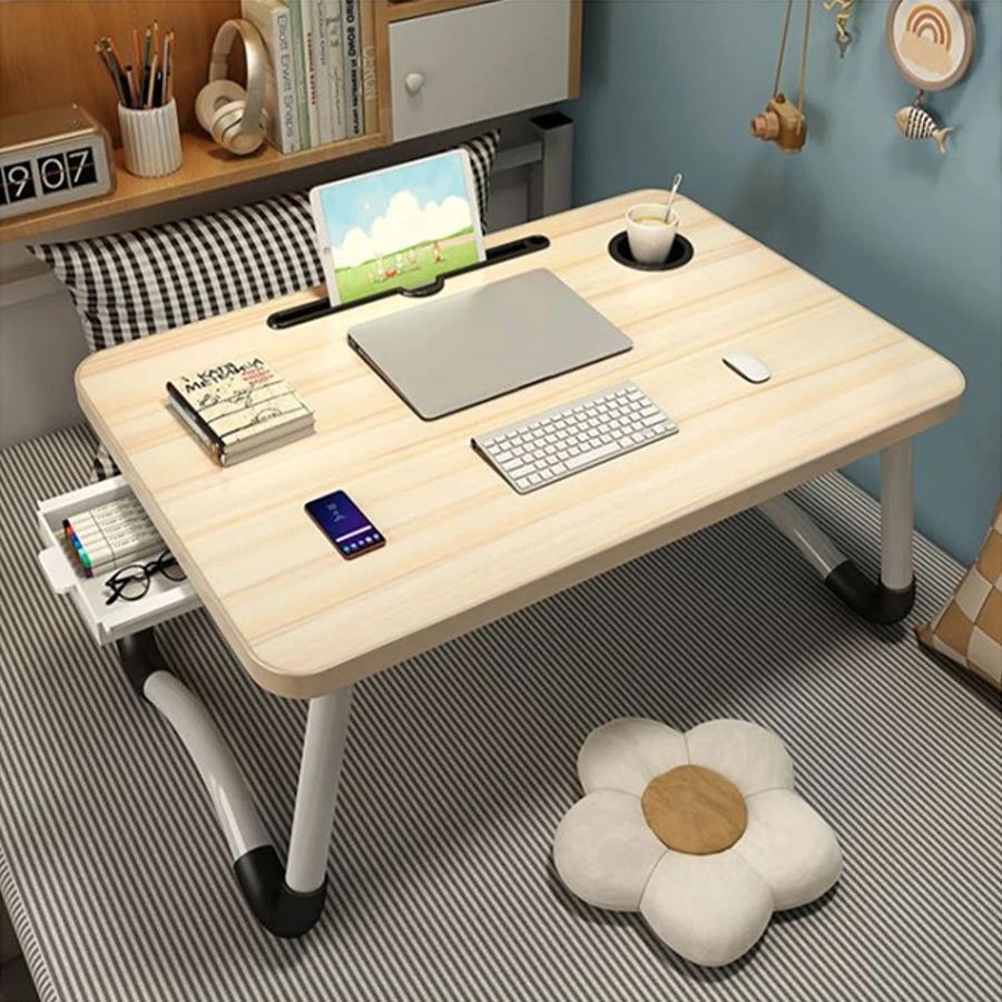 Folding Bed Desk Laptop Table Dormitory Portable Small Desks Cup Holder Slot Mobile Breakfast Table Bedroom Computer Tray Shelf