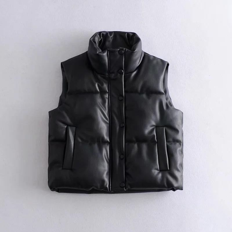 Autumn Winter PU Coat Women Black Stand Collar Vests Women Fashion Zipper Elegant Short Vests Female Ladies