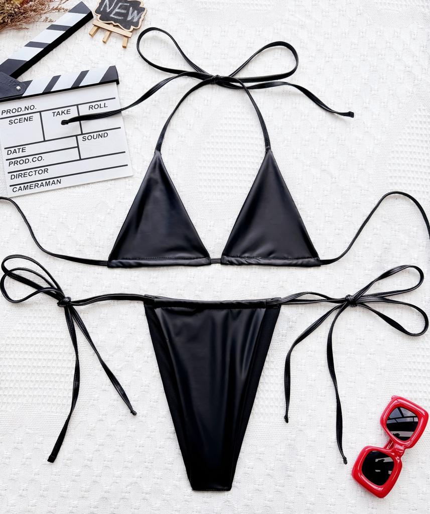 Women's Swimsuits Sexy Solid Color Leather Halter Neck Side Lace Bikini Split Set Beachwear Bathing Suits