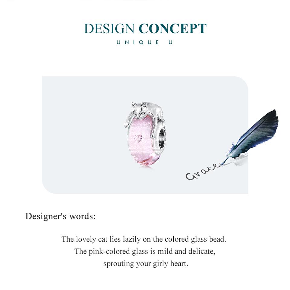 Bamoer 925 Sterling Silver Růžové skleněné korálky Stříbrné kočičí přívěsky Kubické zirkonie pro ženy Originální náramek jemné šperky