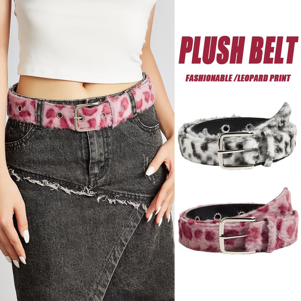 Leopard Print Faux Fur Belt Sexy Winter Y2K Fluffy Accessories Harajuku Punk Girl Pink Plush Wide Waistband Jeans Accessories