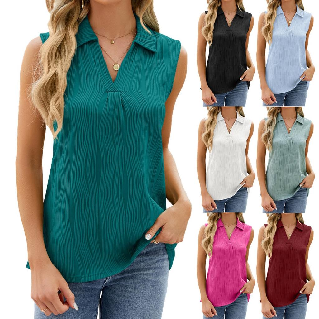 Women's Summer New Solid Color Lapel Loose Sleeveless Vest Top, Amazon European American Cross-border Foreign Trade In Stock