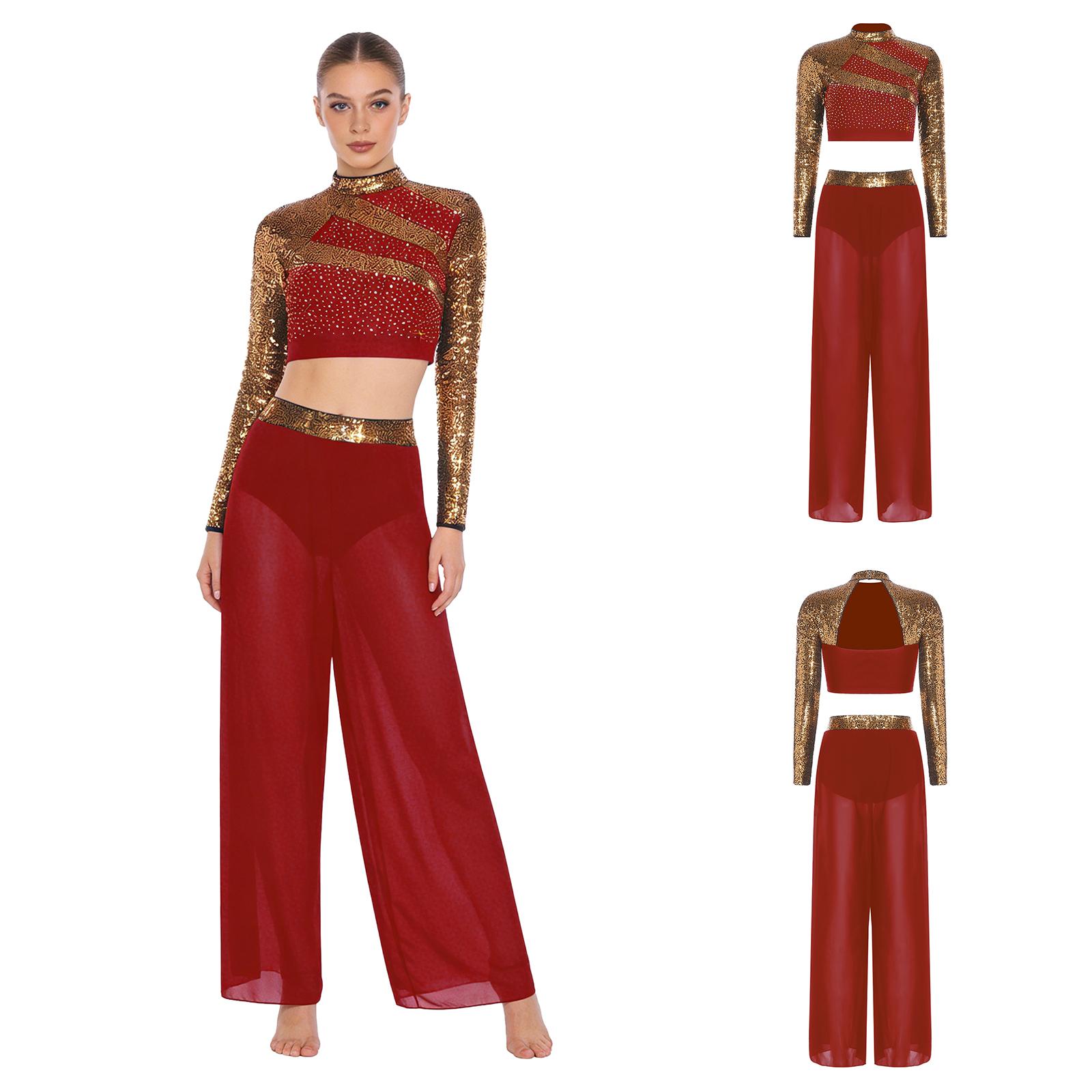 

Two-Piece Stage Dance Outfit for Women S-XXL: Sequined Mock Neck Top & Flowy Side-Split Pants, Perfect for Competition S бордовий