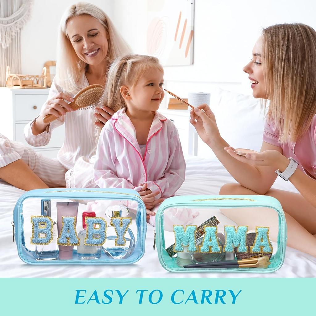 4 Pcs Mama and Baby Toiletry Bag Clear Chenille Letter Pouch Snacks Makeup Stuff Travel Diaper Bag Preppy Transparent Pouch with Zipper for Women