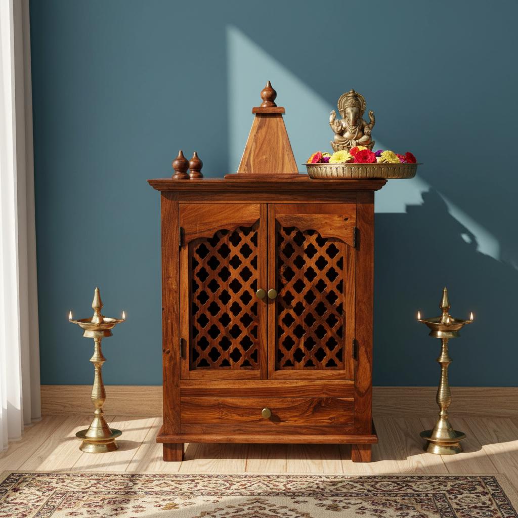 Solid Sheesham Wood Pooja Mandir | Indian Temple for Home | Handcrafted Wooden Mandir with Drawer & Jali Doors | Ethnic Hindu Altar Shrine