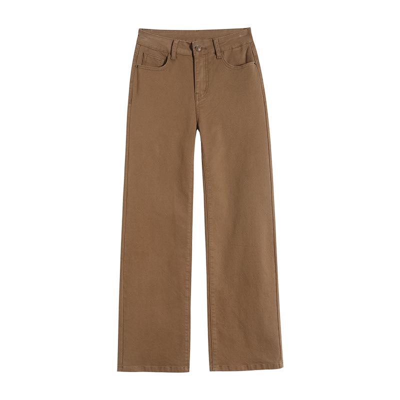 Jeans da Donna Khaki a Vita Alta Gamba Dritta - Stagione Primavera/Autunno 2026 Vestibilità Slim, Stile Americano, Pantaloni Lunghi Larghi Petite