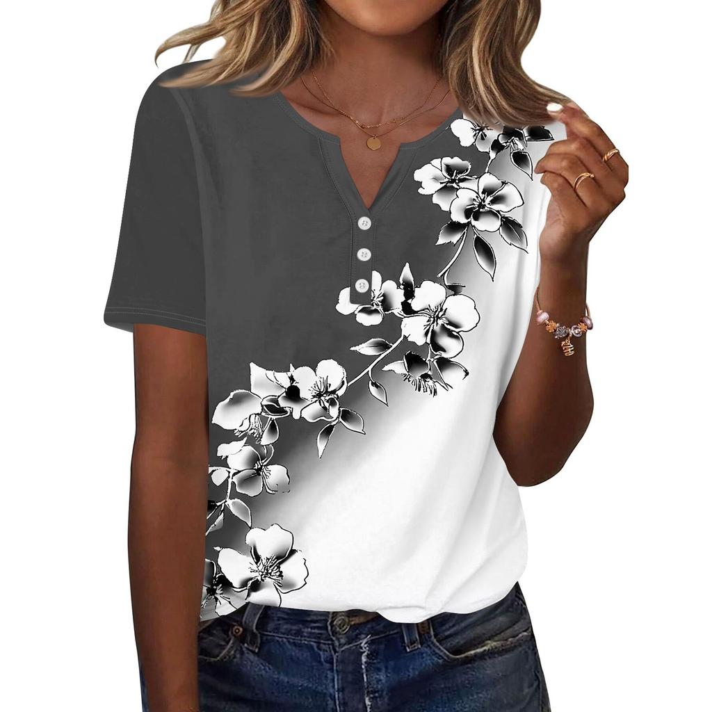 Women's T Shirt Print Button Short Sleeve Daily Weekend Fashion Basic V- Neck Regular Top