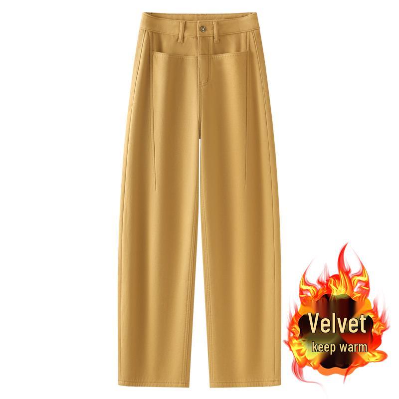

2024 Yellow Loose Sickle Women s Fleece-Lined Straight-Leg Harem Jeans XL