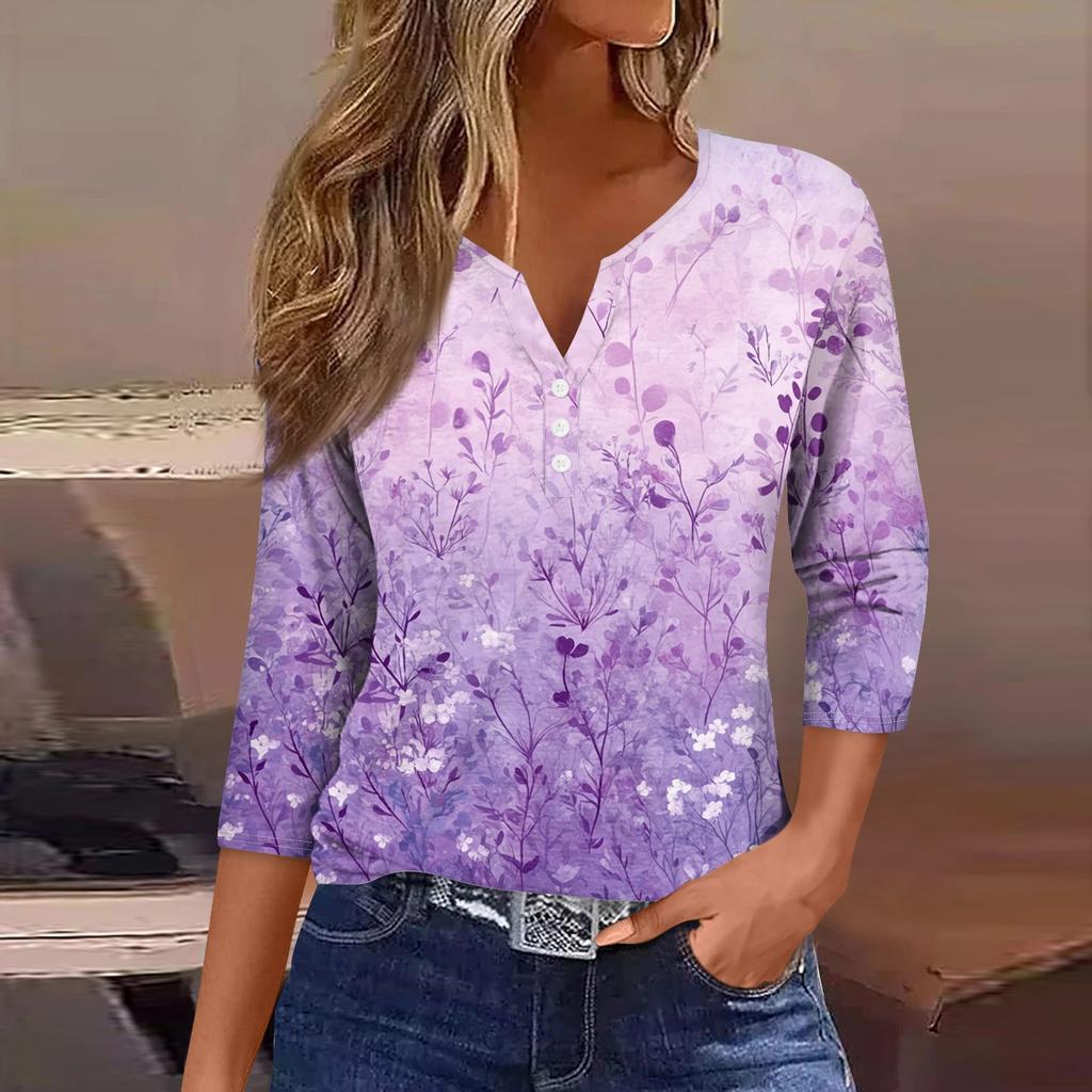 Women's Neck Vintage Floral Print Ribbed Short Sleeve T-Shirt Top