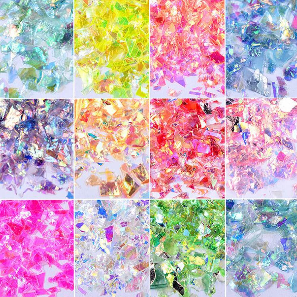 YFFSFDC Crushed Hologram Set Neon Flakes Material for Resin Nail Glitter Film 12-Color Crafts, Inclusions, Art,