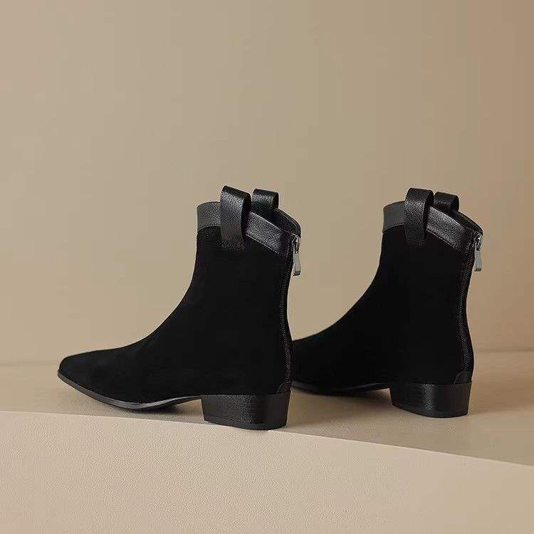 

2025 осень и зима универсальные ретро ковбойские сапоги женские на толстом каблуке короткие сапоги зимние матовые темпераментные остроносые ботинки челси женские 40 чёрный