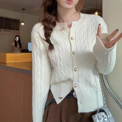 Autumn Crew Neck Single-breasted Cardigan Sweater Women's Twist Design Sense Knitted Women's College Style Jacket