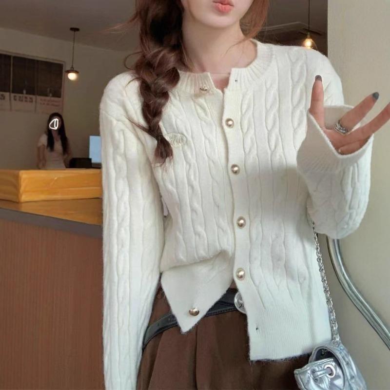 Autumn crew neck single-breasted cardigan sweater women's twist design sense knitted women's college style jacket