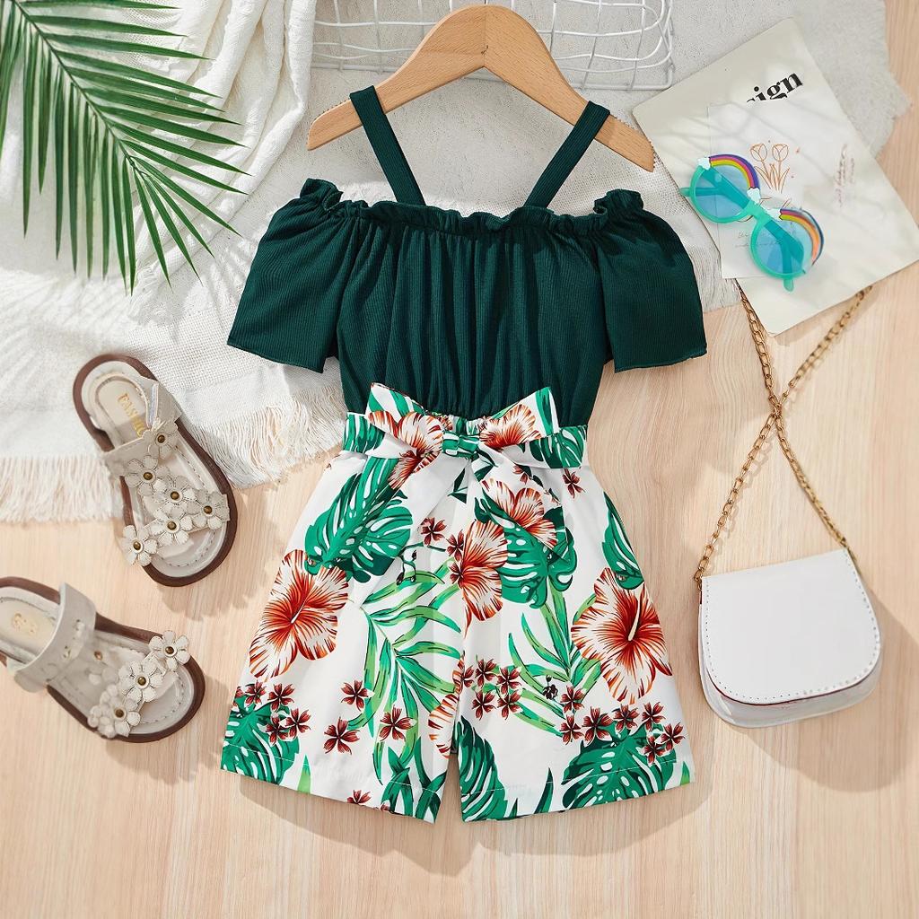 Girls' Stylish Floral Print Combination Jumpsuit Summer Kids' Sweet Jumpsuit