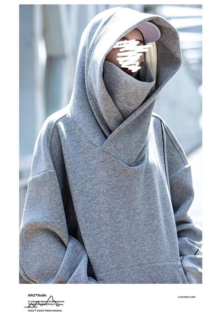 Unisex High-Neck Hooded Sweatshirt: Heavyweight, Functional, Loose-Fit Top for Spring, Autumn, Winter - Trendy, Casual, and High Street Style.