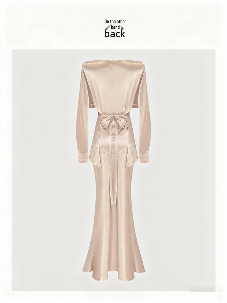 Elegant Champagne Acetate Suit for Women: Satin Top & Fishtail Skirt Set (Spring/Autumn)
