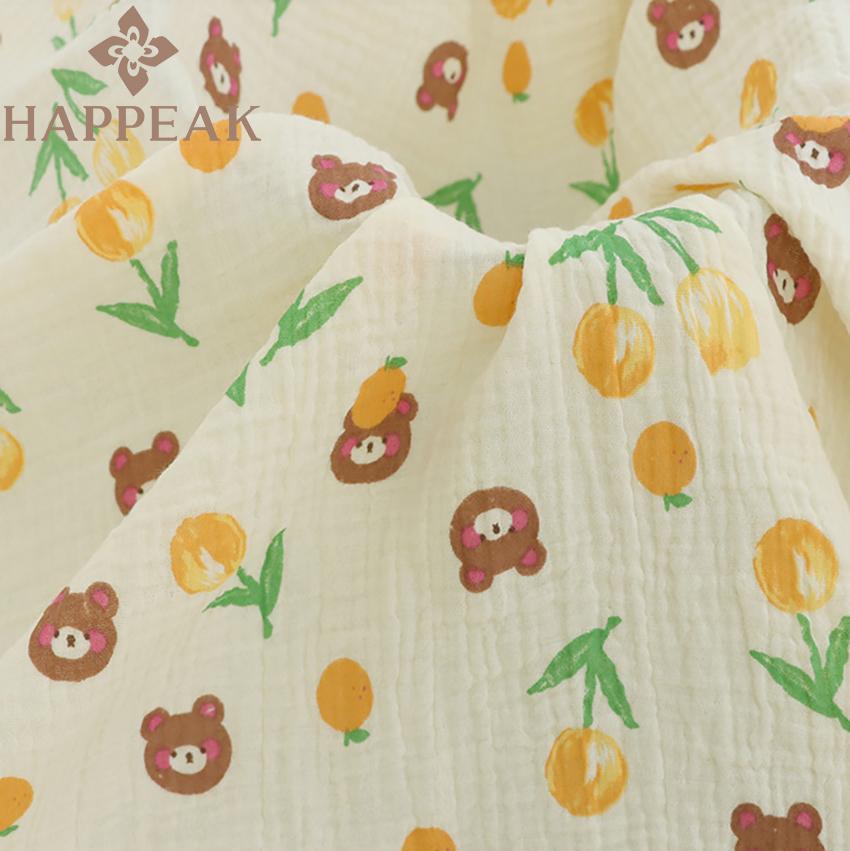 HAPPEAK Hot Selling Flower Bear Printed Crinkle Muslin Double Gauze Cotton Fabric for Baby Clothing Design