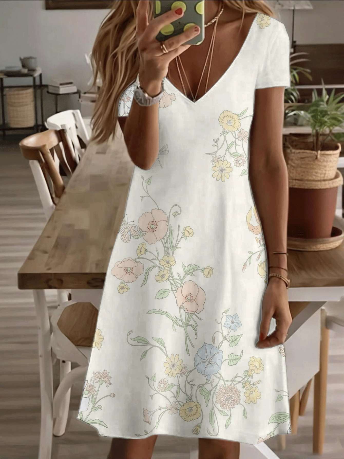 Vneck shortsleeve midi dress floral women print pattern 3D premium printing durable breathable soft material elegant summer wear casual fashion XS дубильная кора