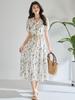 Spring/Summer Floral V-neck A-line Long Dress, 100% Cotton, Puff Sleeves, Women's Waist-cinching Design