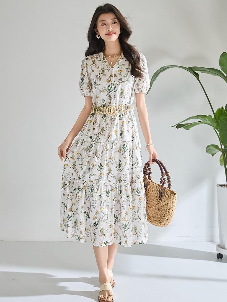 Spring/Summer Floral V-neck A-line Long Dress, 100% Cotton, Puff Sleeves, Women's Waist-cinching Design