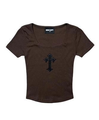 Bonseullipi Cross Square Neck T-Shirt (Brown)