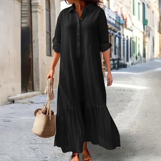 Vestido Camisa de Algodão Linho Feminino Manga Longa Decote V Botões Vestido Maxi Casual