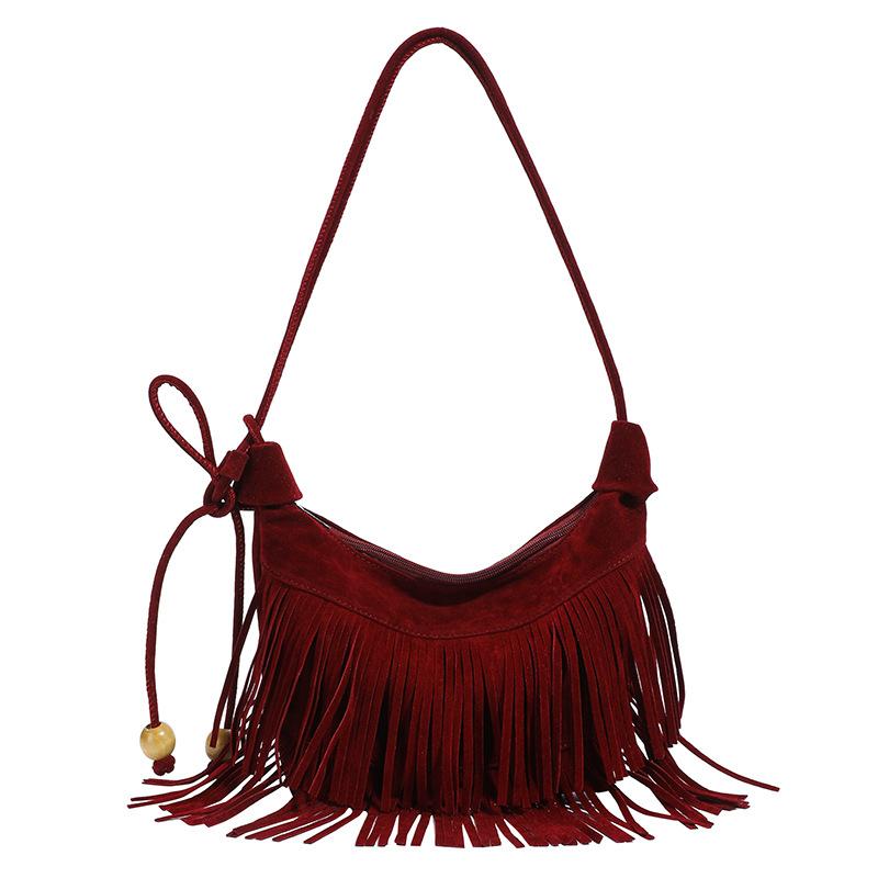 New fashion fringed bag retro women's bucket bag texture commuting shoulder women's bag armpit bag