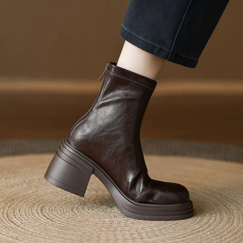 New women's Korean version large-size women's boots solid color round head high heel solid color rear zipper comfortable thick-soled non-sli
