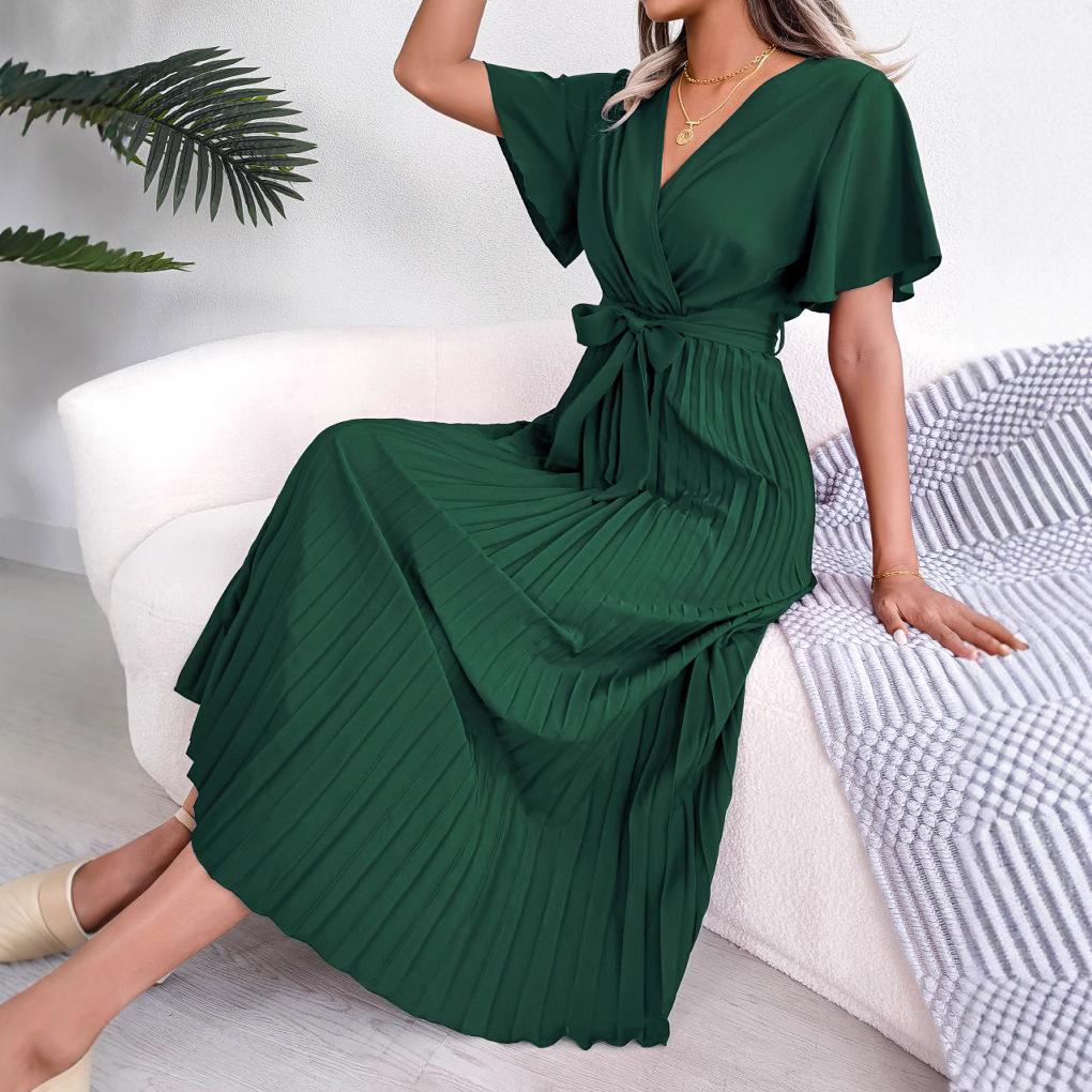Women Cross V Neck Short Sleeve Solid High Waist Pleated Long Swing Dress