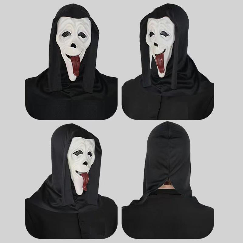 Halloween Horror Ghost Face Mask with Red Tongue, Black Skin, Tongue-Sticking-Out Mask, Party Decoration, Funny Performance Headgear