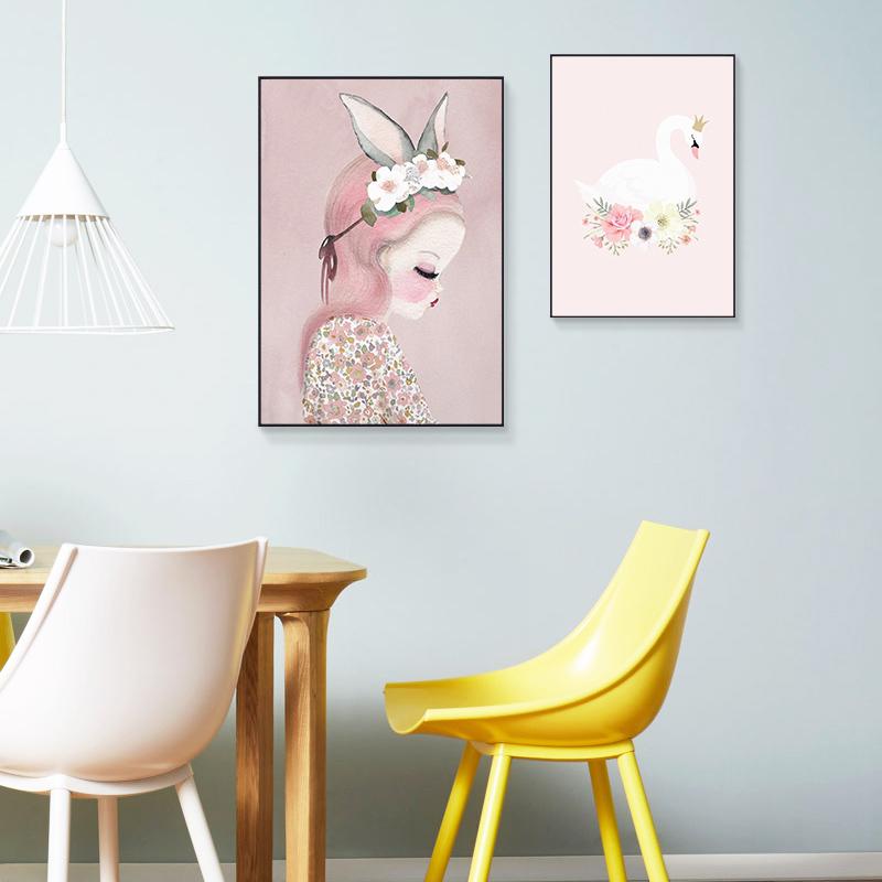 Nordisk Akvarell tegneserie Enhjørning Hjort Kanin Jente Lerretsmaleri Blomsterplakat Svaneveggbilder Barnerom Hjemdekorasjon
