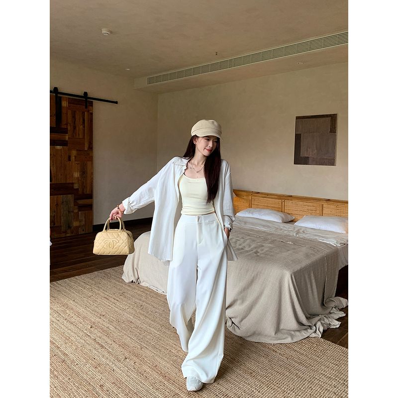 

Kumikumi Однотонные брюки с высокой посадкой, свободные, повседневные, женская одежда, осенние, драпирующиеся, универсальные прямые брюки, брюки-швабры Apricot color M